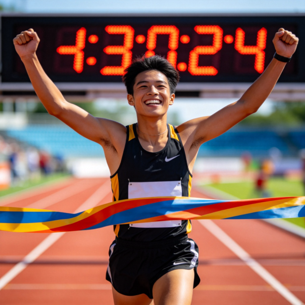 A runner in athletic wear breaking the finish line tape with arms raised in victory and a huge smile of relief. The background is a blurred track field with a large digital timer showing a race time. Bright daylight, focus on the runner's expression and the tape snapping. No text.