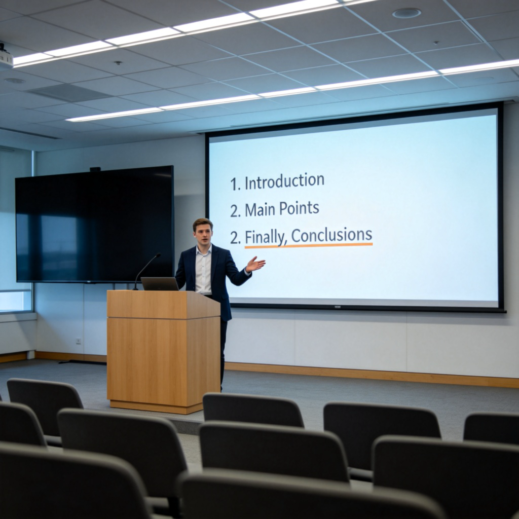 A person standing at a podium giving a presentation. A clear presentation slide is visible on a screen behind them, with bullet points: "1. Introduction", "2. Main Points", and the third point highlighted: "Finally, Conclusions". The speaker is gesturing towards this last point. Modern conference room setting. No text on the image itself except the implied slide content.
