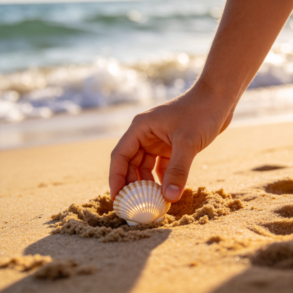 A person's hand reaching down into the sand on a sunny beach and picking up a shiny, perfect seashell. The background is blurry ocean waves. Focus is on the hand and the newly discovered shell. Natural daylight. No text or numbers.