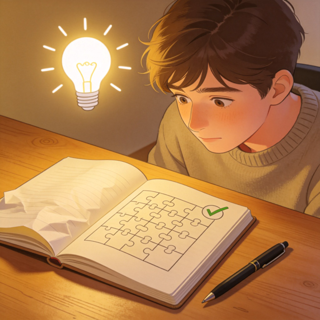 A thoughtful young person sitting at a desk with a light bulb icon glowing above their head. They are looking at an open notebook with a complex puzzle or diagram that now has a checkmark next to it. The expression is one of sudden understanding and satisfaction. Soft indoor lighting. No text.