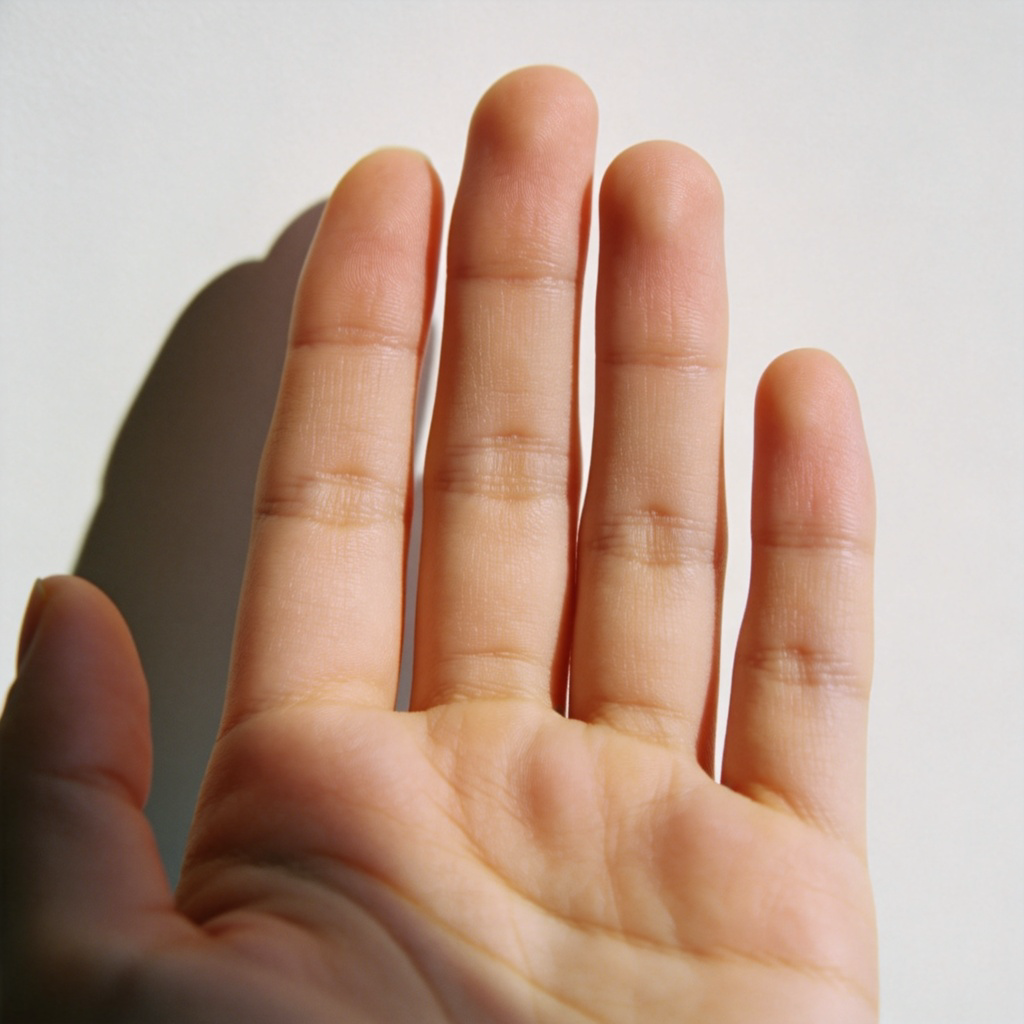 A close-up shot of a human hand held up in front of a plain background, with all five fingers slightly spread apart. The focus is sharp on the skin texture and joints of the fingers. Natural daylight. No text or other distracting objects in the frame.