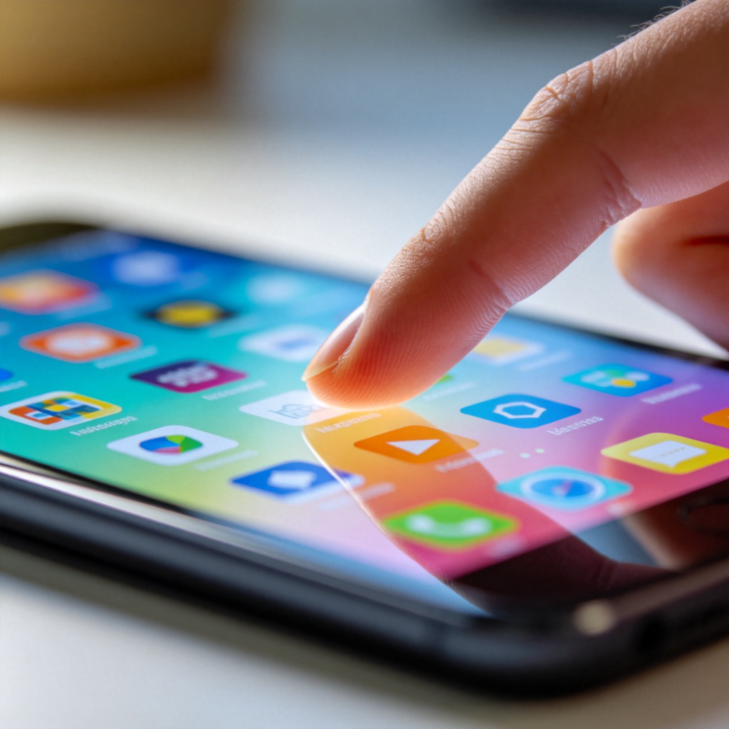 A person's index finger lightly touching or swiping across the bright, colorful screen of a modern smartphone or tablet. The screen shows icons or a webpage. The focus is on the contact point between the fingertip and the screen. Clean, minimalist setting.
