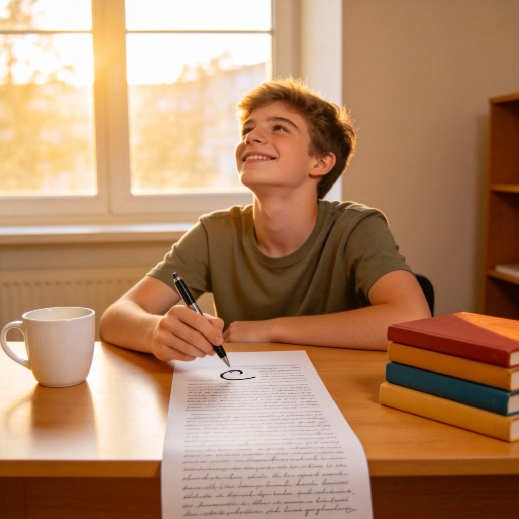 A young student at a desk in a bright room, putting the final period on a long handwritten essay. The student leans back with a satisfied expression. The desk has a cup and some books. Natural light from a window. No text.