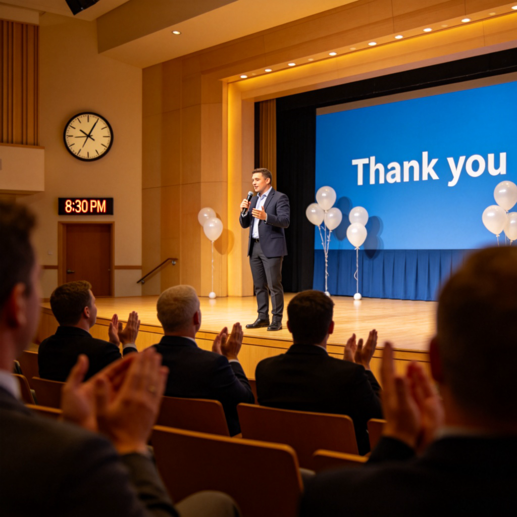 A speaker on a stage in an auditorium, saying "Thank you" into a microphone. The audience is clapping. The clock on the wall shows a specific time. The stage has simple decorations. No text.