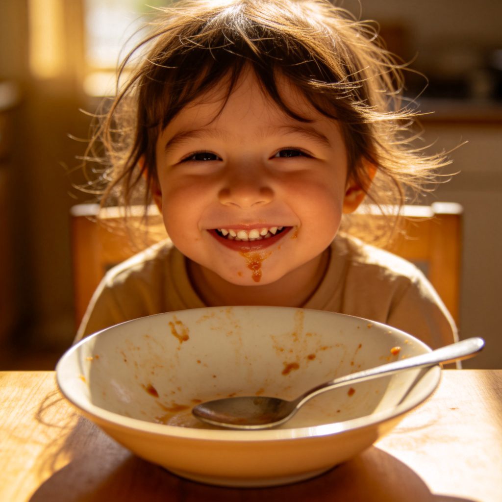 A close-up of a child's empty bowl and spoon after eating noodles. The bowl is clean with only a few sauce spots. The child looks happy and satisfied. Simple table setting. No text.