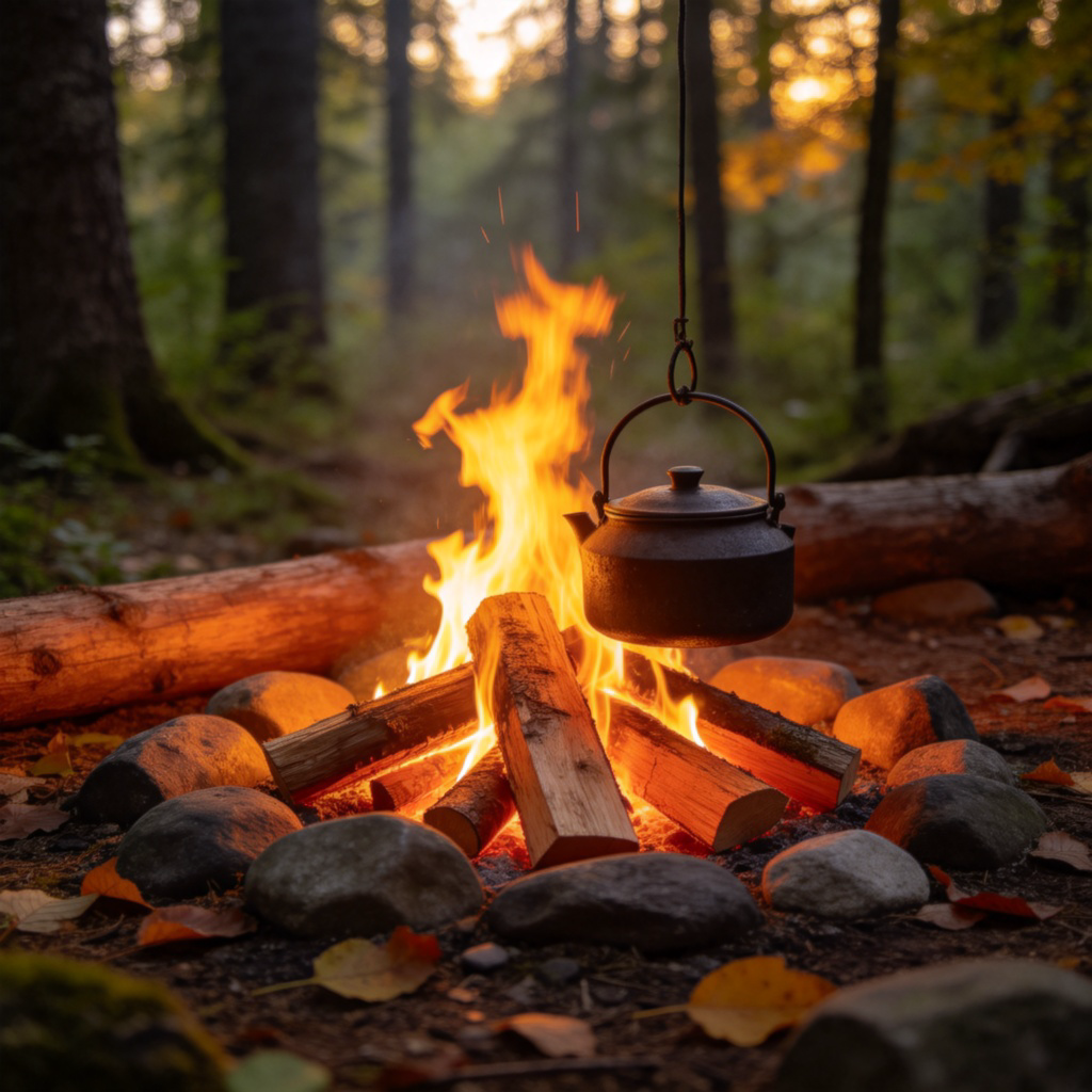 A crackling campfire in a forest clearing at dusk, with glowing orange logs and bright yellow flames dancing upwards. A cast-iron kettle hangs over it. The surrounding ground has stones and fallen leaves. Warm, natural lighting, realistic style. No people, no text.