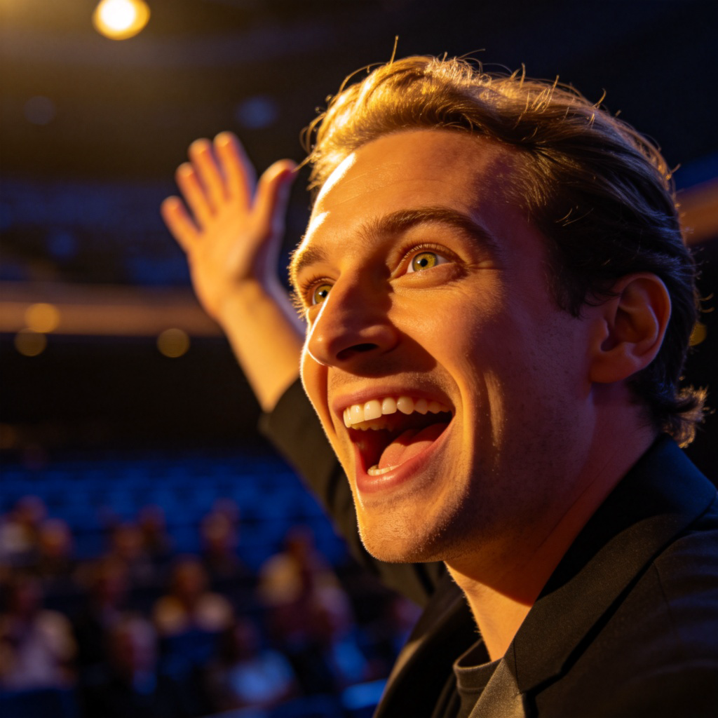 A close-up portrait of a motivational speaker on stage, eyes bright and expression full of energy, one hand raised as if inspiring an audience. Soft spotlight illuminates the face against a dark, blurred auditorium background. Conveys passion and drive. No text.