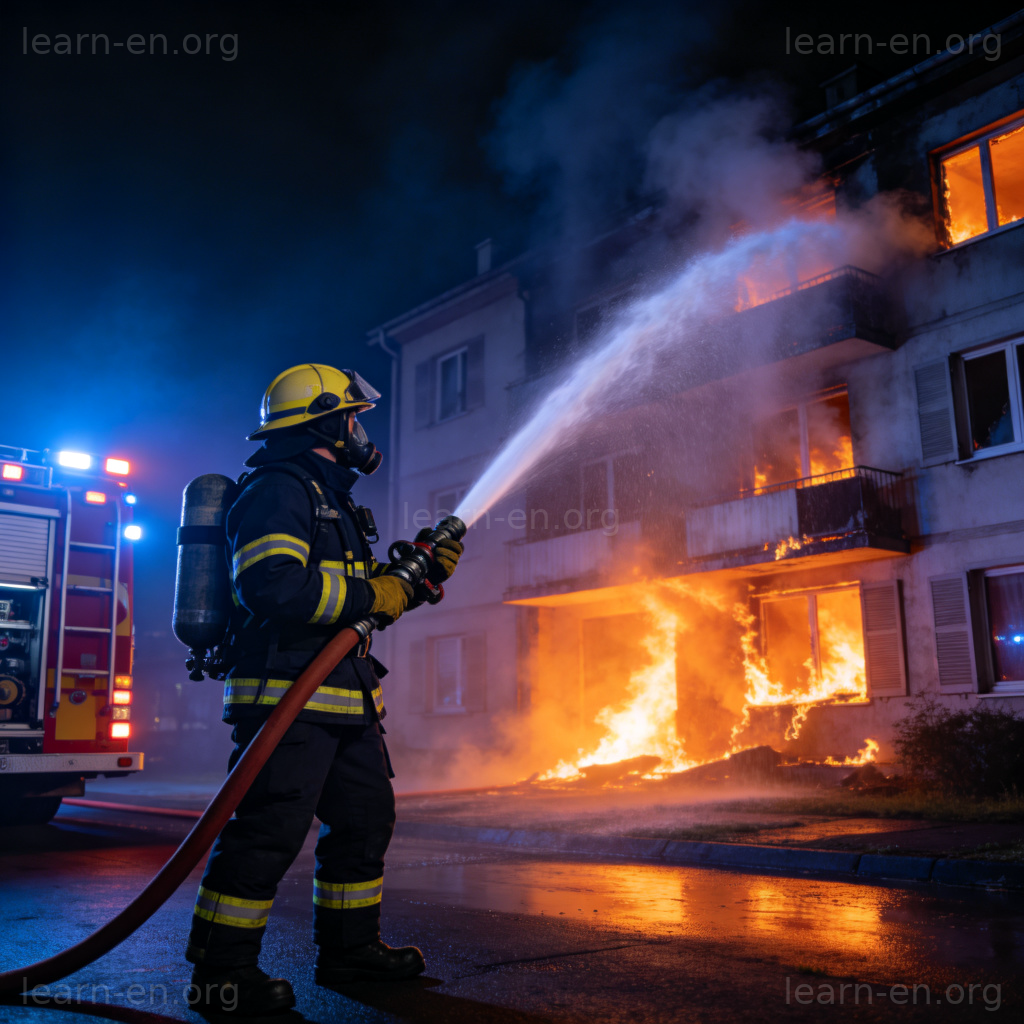 Firefighter 消防员图解：身着全套装备的消防员夜间在居民楼灭火