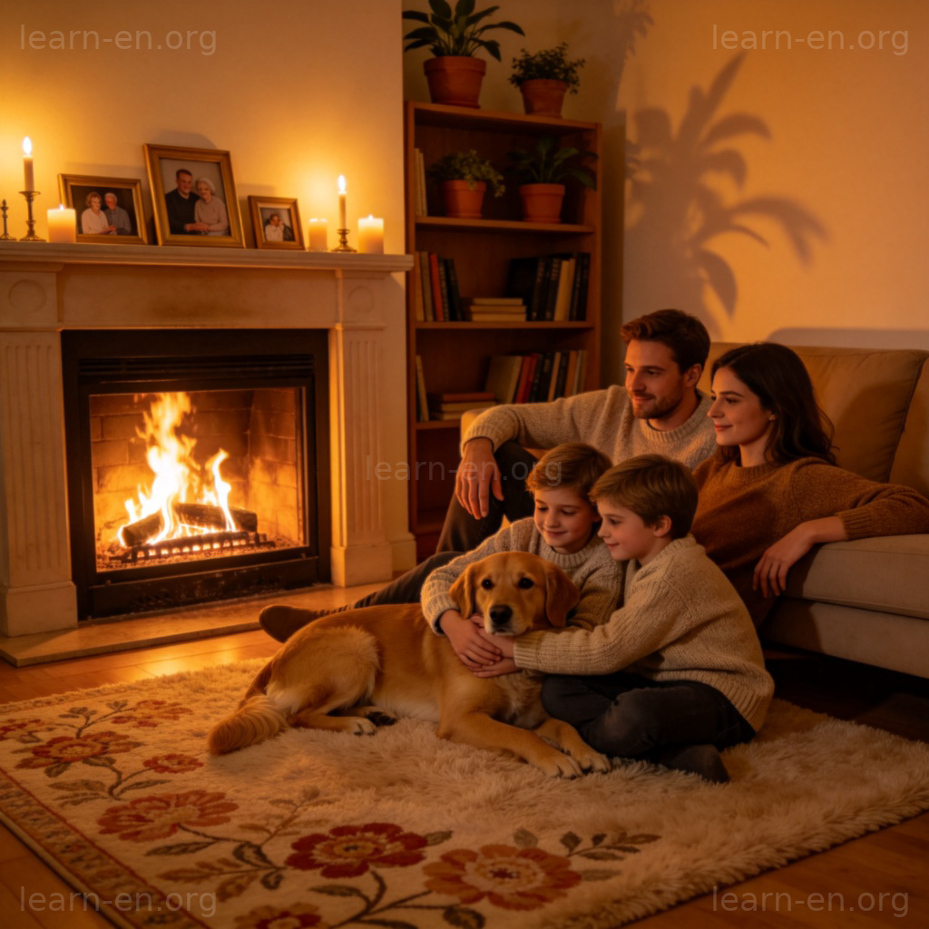 Cozy living room with lit fireplace and family