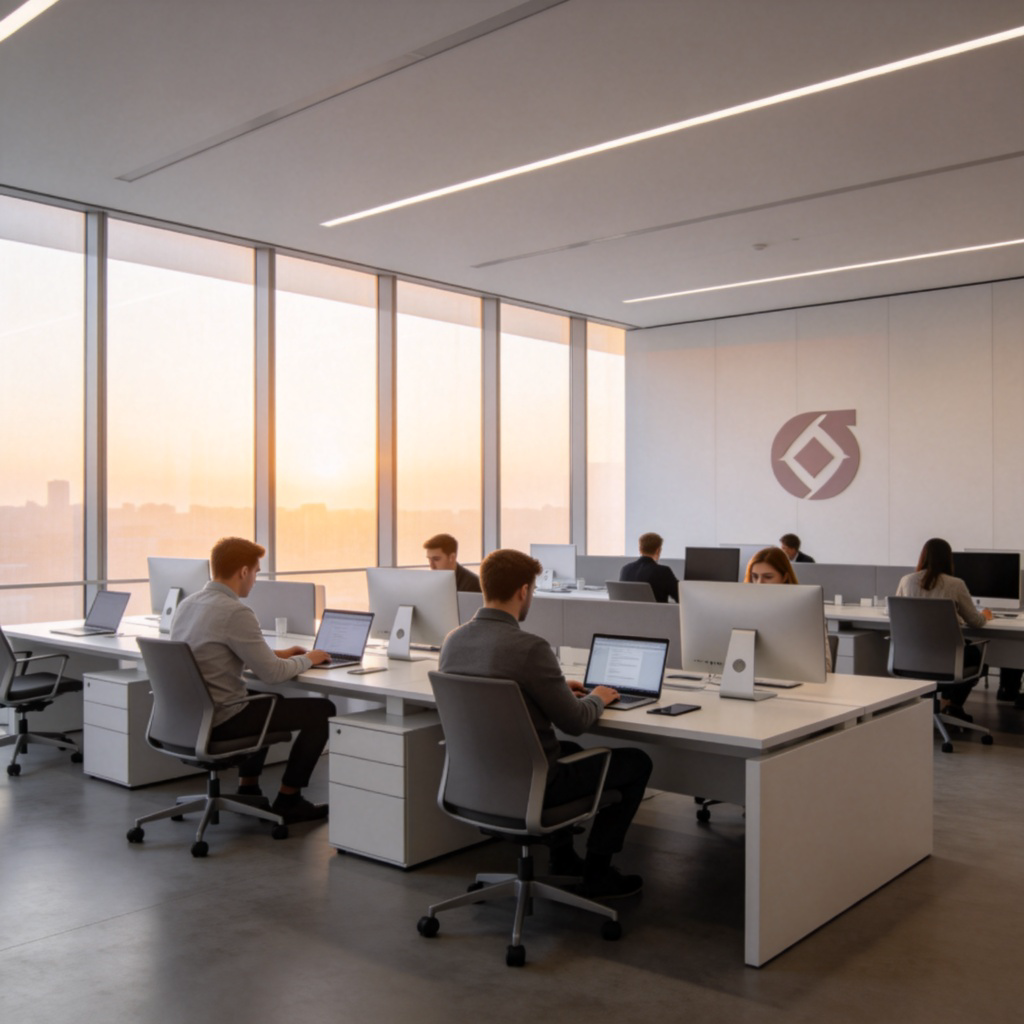 A modern, clean office interior with several people working collaboratively at desks with computers. The focus is on the professional and organized environment. Natural lighting from large windows, a company logo visible on the wall in a subtle way. No text on screens.