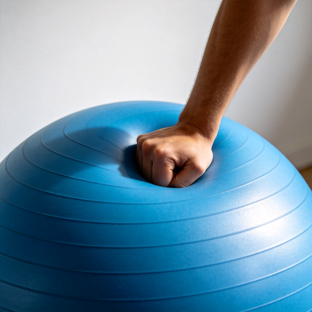 A close-up shot of a person's hand firmly pressing down on a blue fitness exercise ball, causing a slight dent but the ball holds its shape. The background is a plain light-colored wall, highlighting the texture and solidity of the ball.