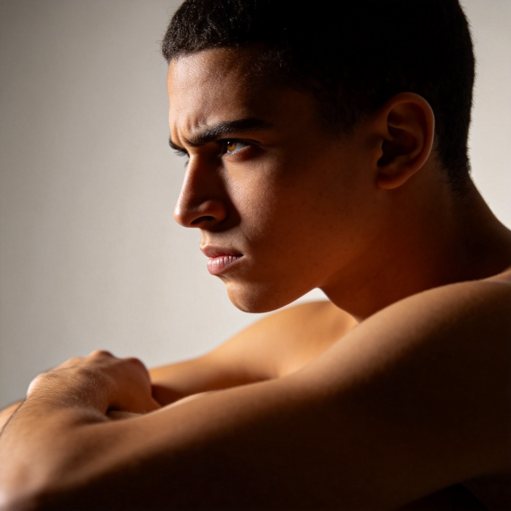 A person's upper body, seen from the side, showing a determined facial expression and a firm, confident posture with crossed arms. The background is blurred and neutral. The focus is solely on the expression of resolve and certainty.