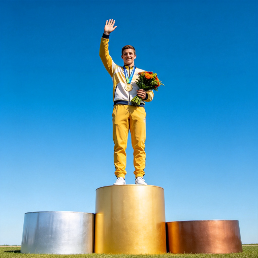 A person standing on the highest step of a three-level gold medal podium, holding a bouquet of flowers and waving. The silver and bronze podiums are empty and lower. Clear blue sky background, sharp focus on the happy expression. No text or logos.