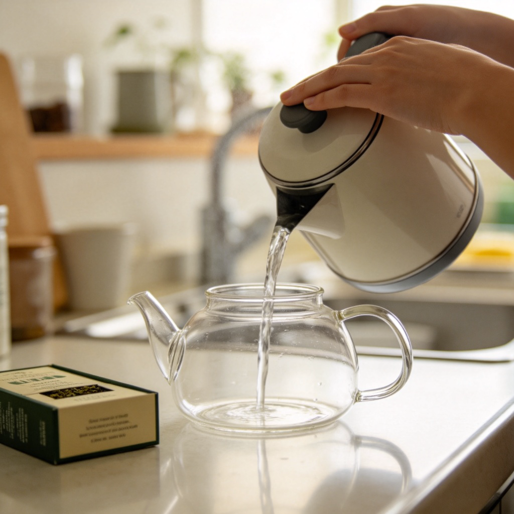 A person's hands pouring fresh water from a kettle into an empty glass teapot, ready to make tea. The action is the clear first step. Soft kitchen background with a box of tea leaves nearby, natural lighting. No text.