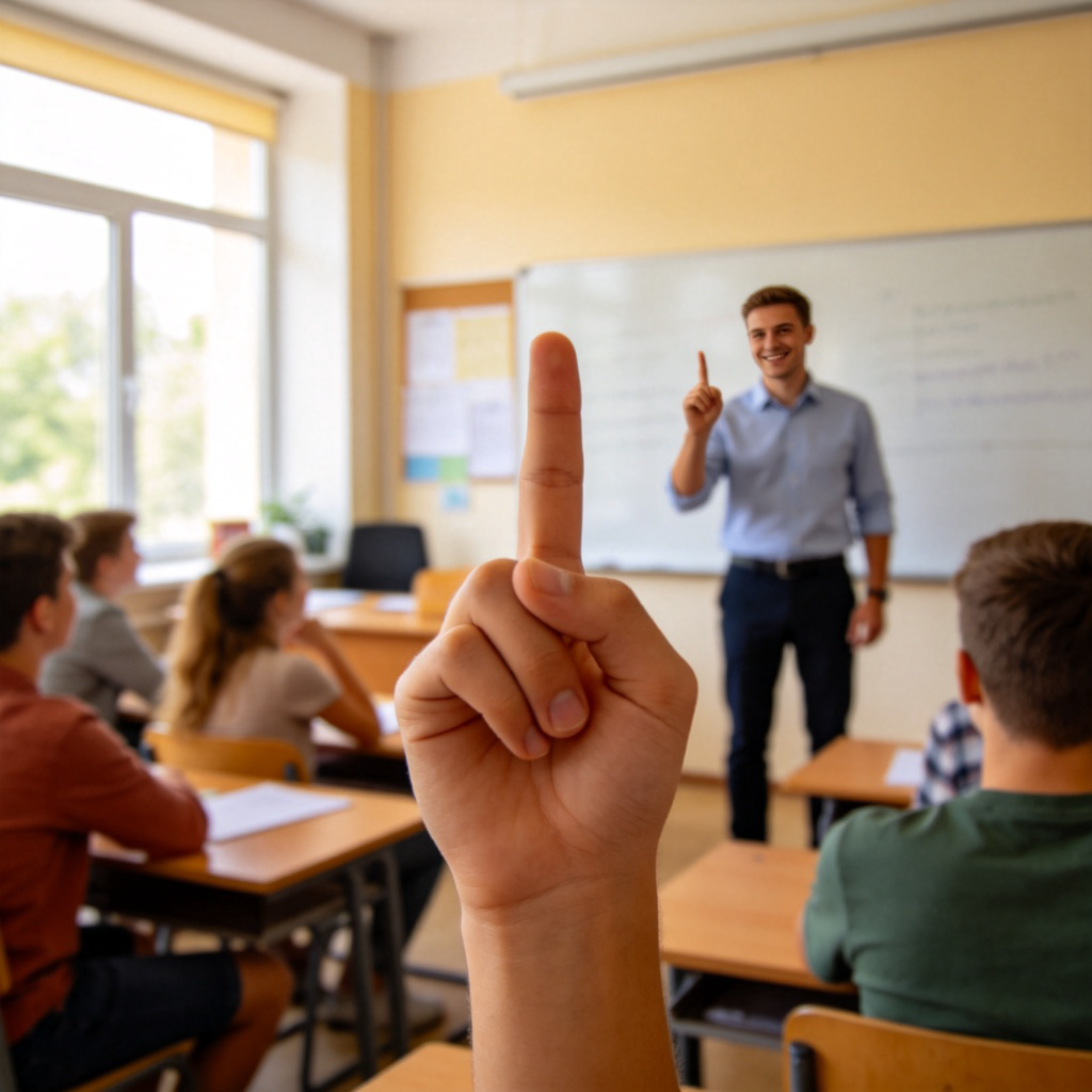 firstly图解：老师竖起手指讲解第一点，课堂场景