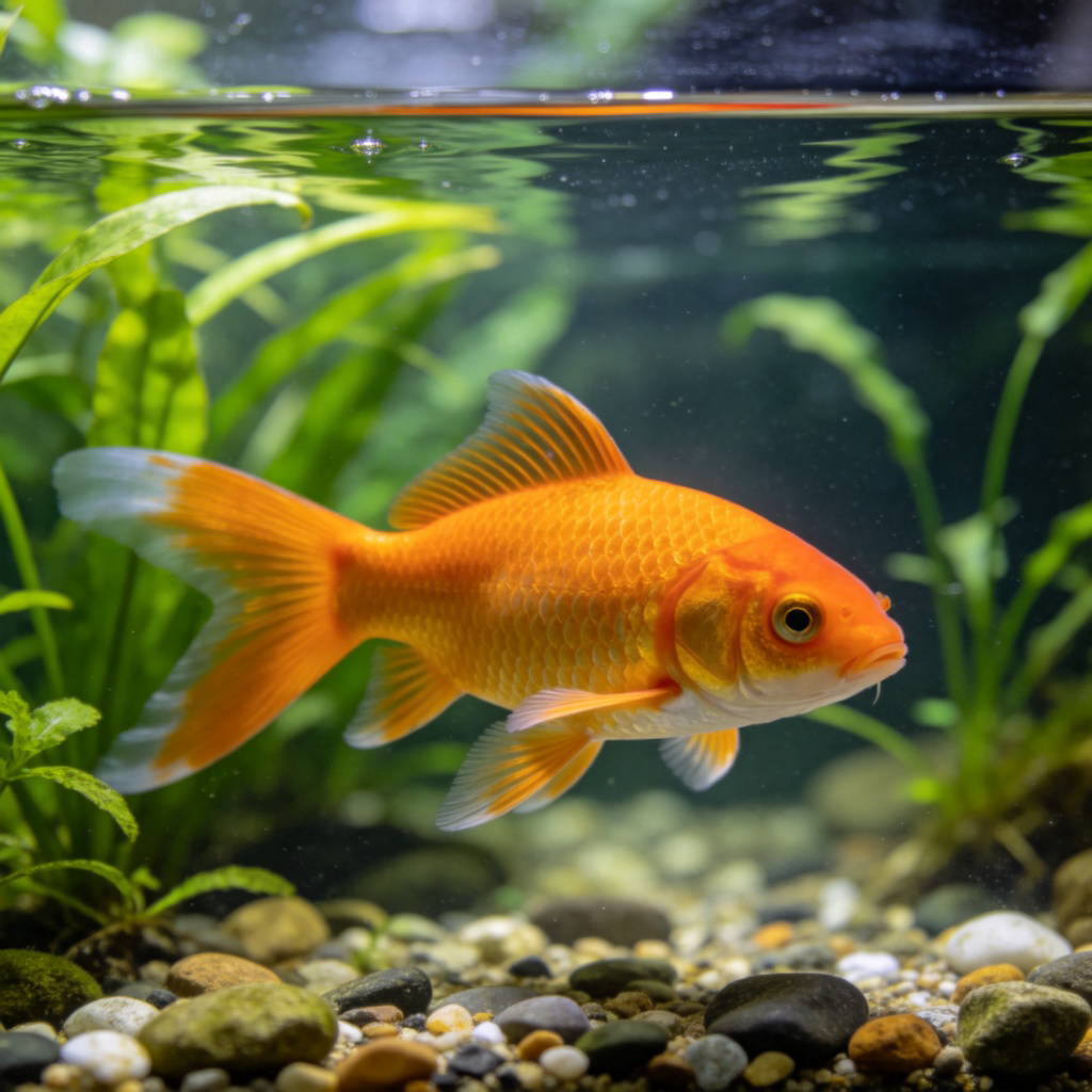 A single, clearly visible goldfish with orange scales, swimming in clean water against a backdrop of green aquatic plants and small stones. Side view, natural underwater lighting, sharp focus on the fish. No text or human elements.