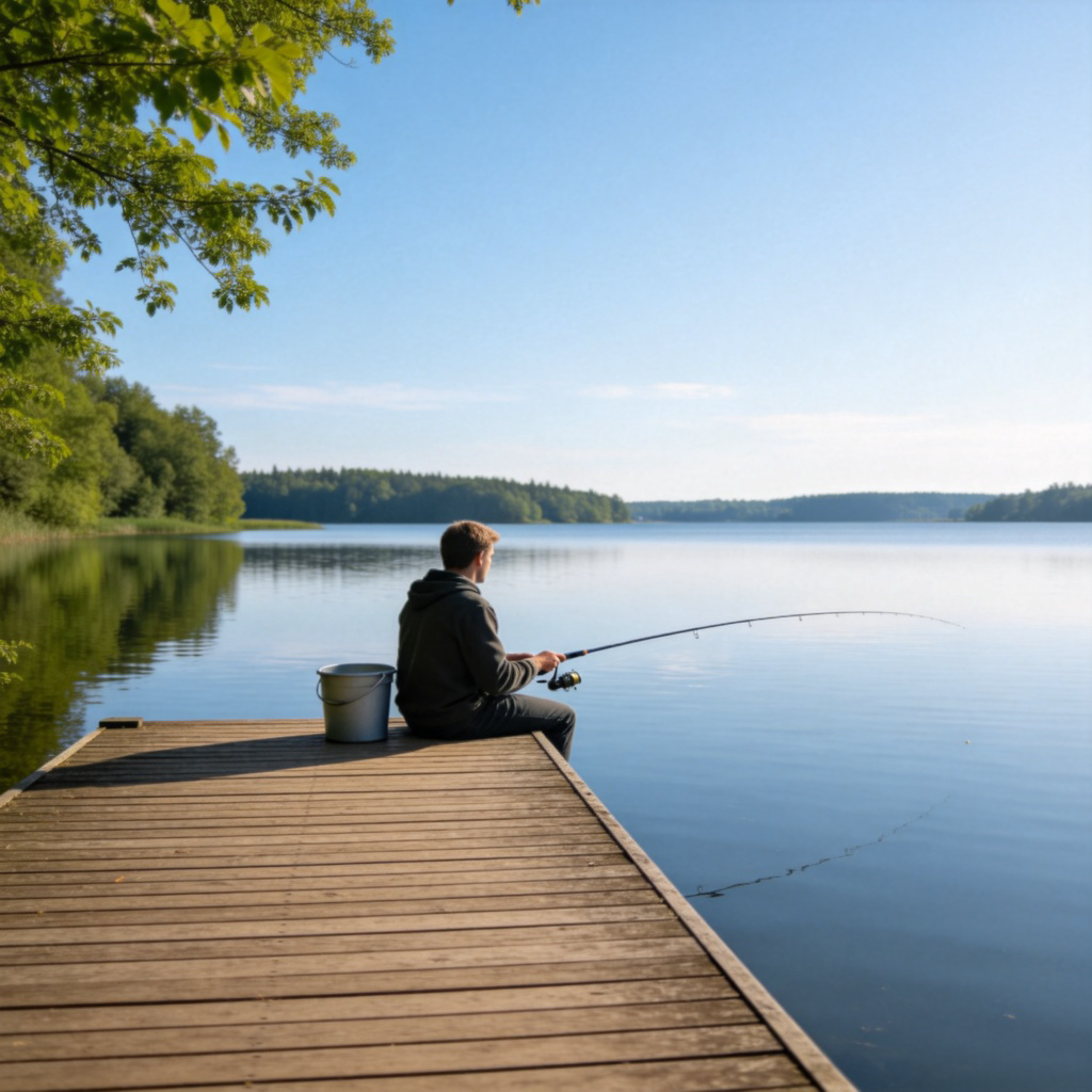 A person sitting calmly on the edge of a wooden dock, holding a fishing rod. A bucket sits beside them. The scene is peaceful, with a lake and trees in the background, under a clear blue sky. No text, focus on the act of waiting to catch fish.