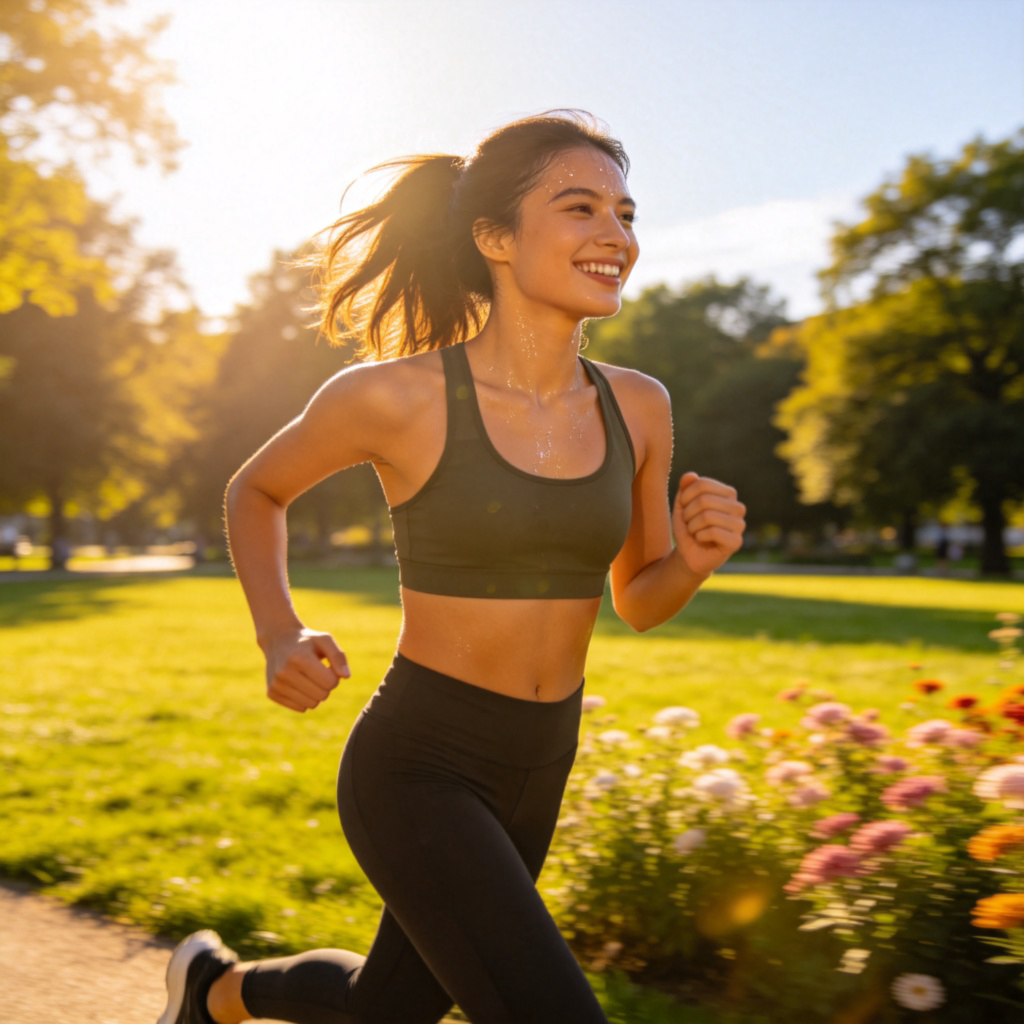 A young woman jogging in a sunny park, smiling and wearing sportswear. She looks energetic and healthy, with sweat on her forehead. The scene is bright and clear, focusing on her active posture.