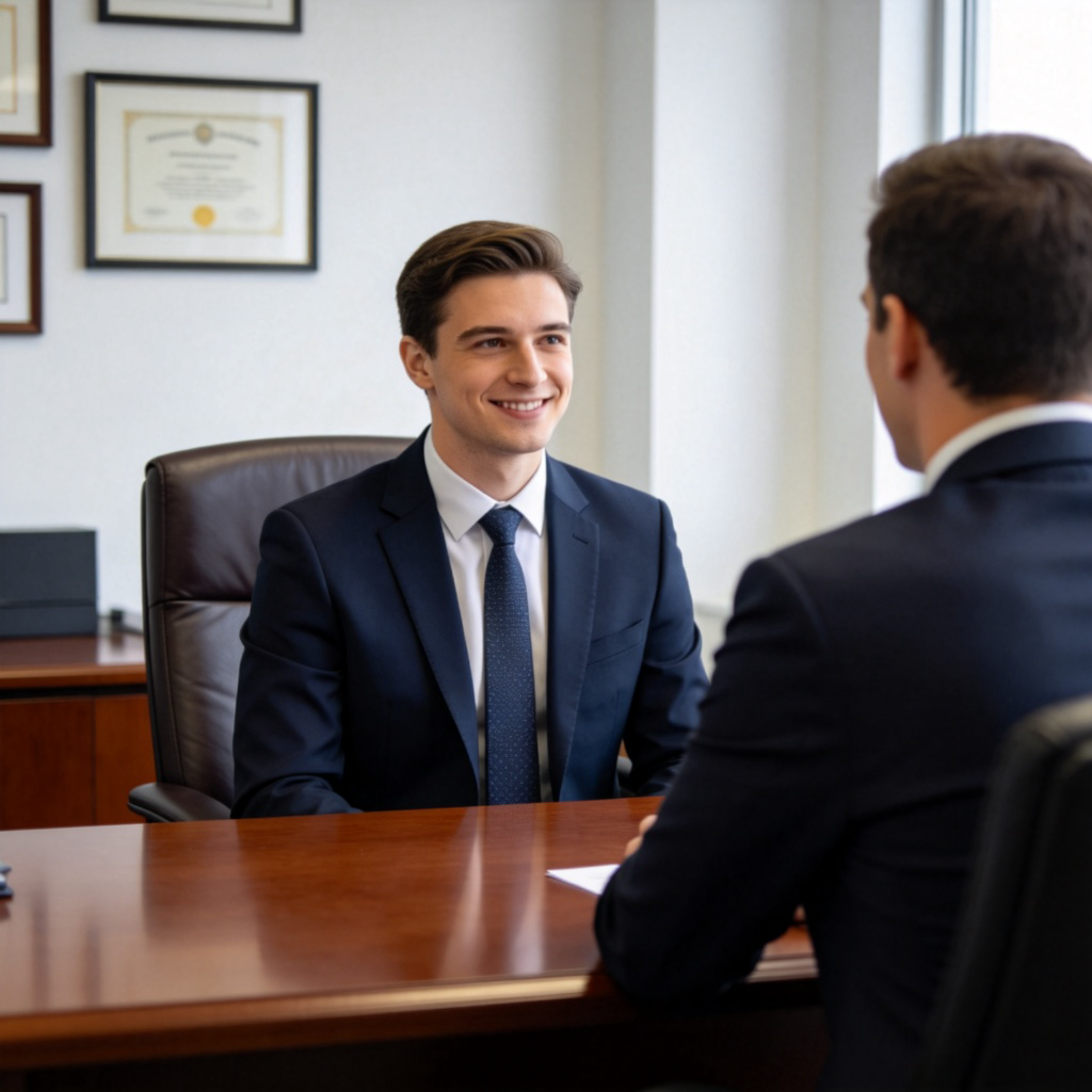 A person dressed in a smart suit and tie, sitting upright and smiling politely in a formal office during a job interview. The interviewer across the table also looks professional. The setting conveys decorum and appropriateness.