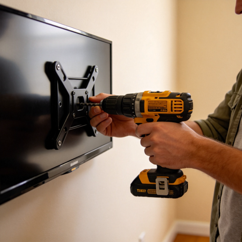 A person in casual clothes, holding a power drill and carefully mounting a flat-screen TV onto a bracket on a plain living room wall. The focus is on the hands, drill, and the TV being positioned accurately.