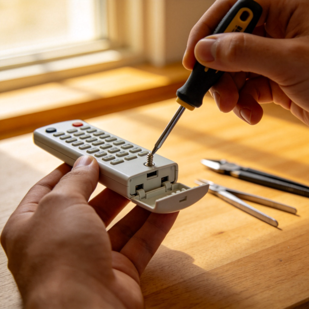 A close-up shot of a person's hands using a screwdriver to tighten a screw on the back panel of a small electronic device, like a remote control. The hands are skilled, and the background is a clean wooden workbench with a few other simple tools. Daylight from a window. No text.