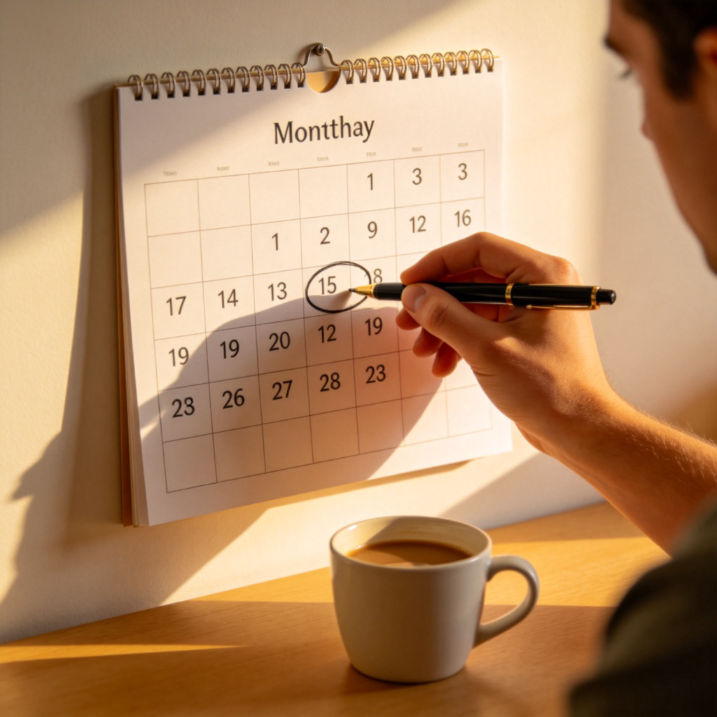 A person's hand using a pen to circle a specific date on a paper wall calendar. The calendar shows the current month, and the circled date is clearly visible. The rest of the desk is tidy with a cup of coffee. Natural morning light. No text on the calendar except numbers and month names.