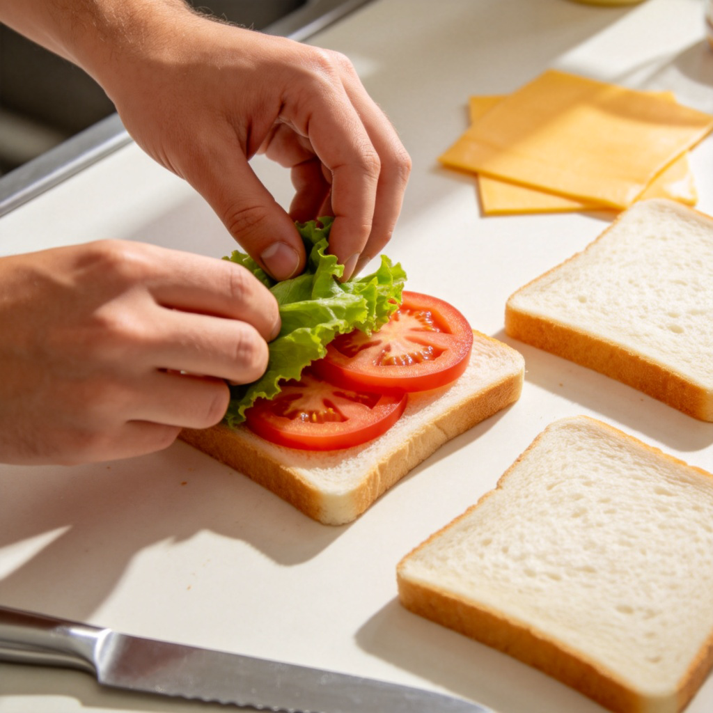 A person in a home kitchen, quickly assembling a sandwich. Hands are placing lettuce and tomato slices on bread. Ingredients like bread, cheese, and a knife are on a clean countertop. Bright, inviting kitchen lighting. No text.