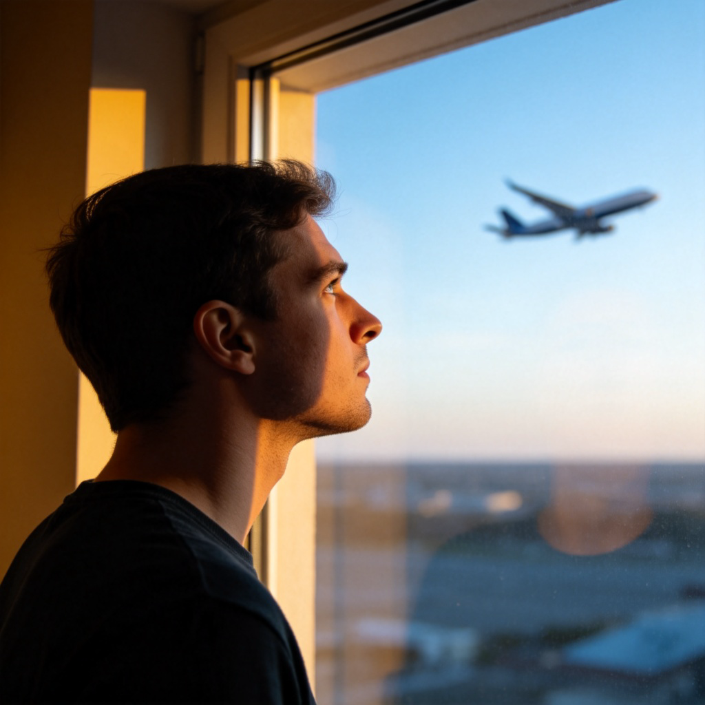 A person standing at a window, looking out intently with a focused expression. Their gaze is directed at something distant outside, like a bird or a plane in the sky. Soft indoor light contrasts with the brighter outside. Profile view showing concentration. No text.