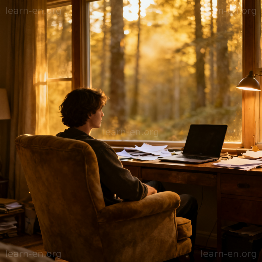 Flee meaning shown as escaping stress by relaxing away from a messy desk.