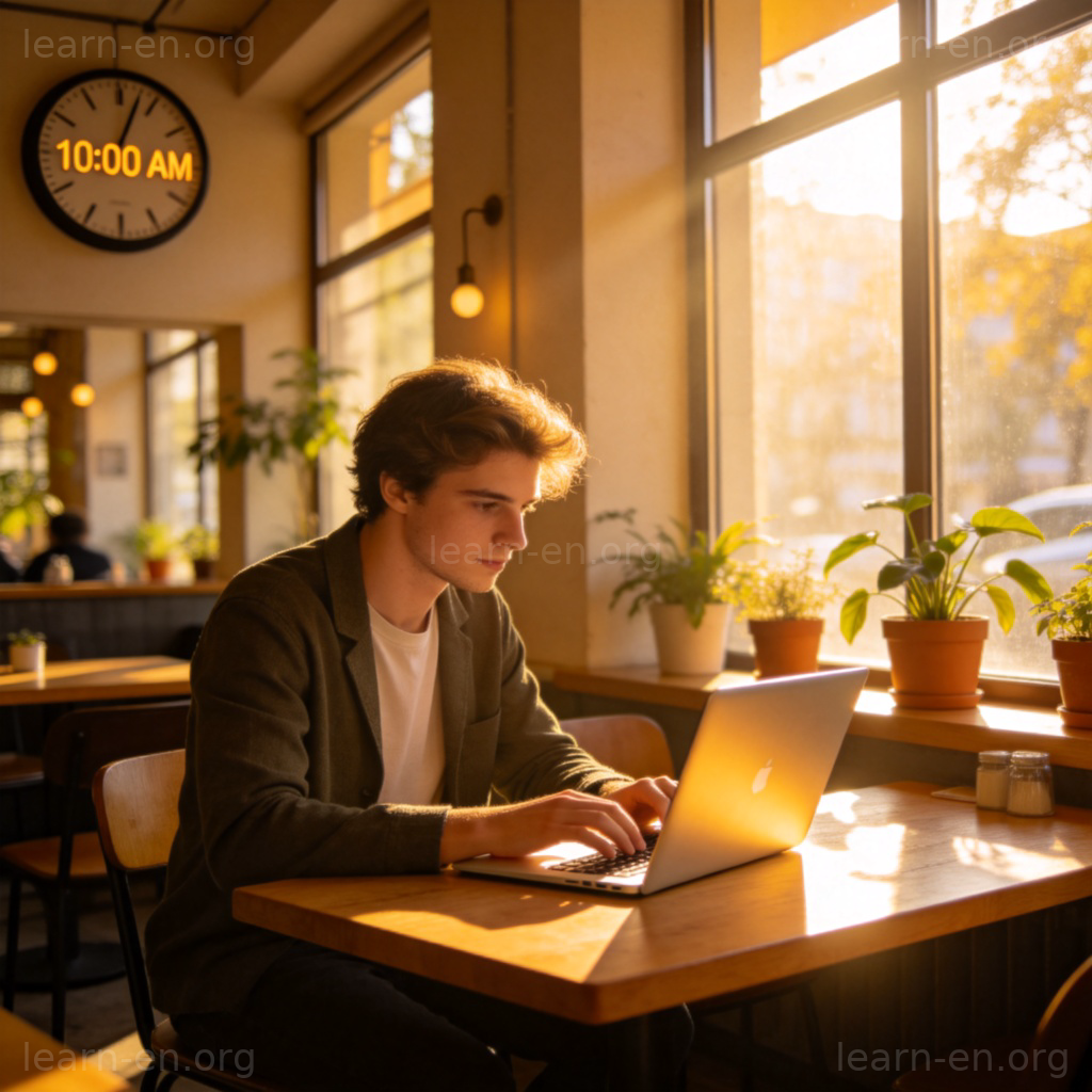 flexible work schedule 图解：咖啡馆中用笔记本电脑工作，象征时间自由