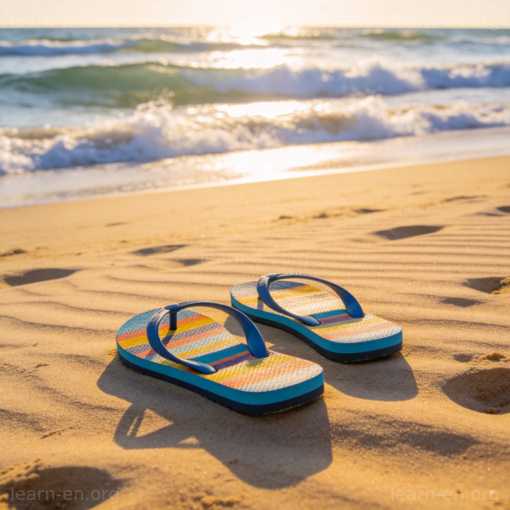 Flip-flops 人字拖图解：沙滩上一双彩色橡胶人字拖