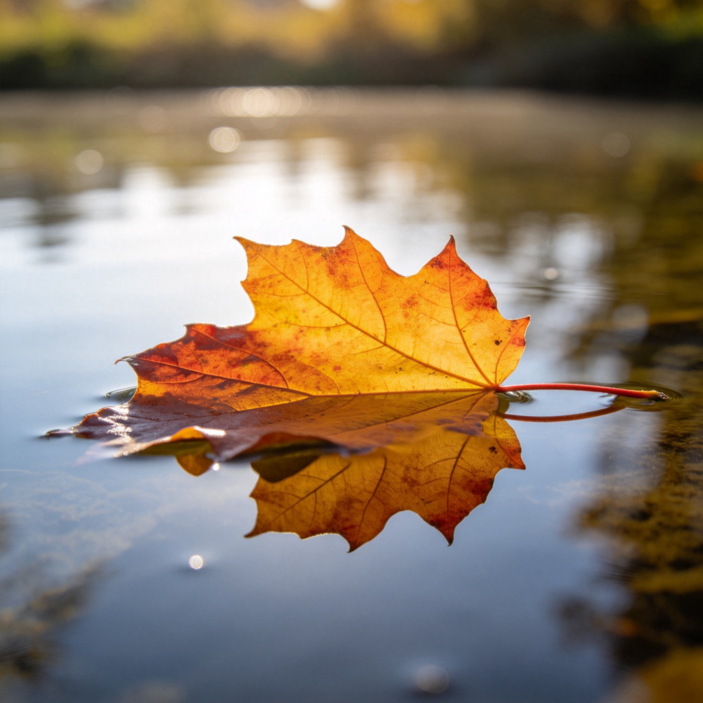 A single, colorful autumn leaf resting perfectly on the calm, mirror-like surface of a pond. Sunlight gently illuminates the leaf and creates a soft reflection in the water. Close-up shot, with the leaf as the clear focal point against a simple natural background. No text.