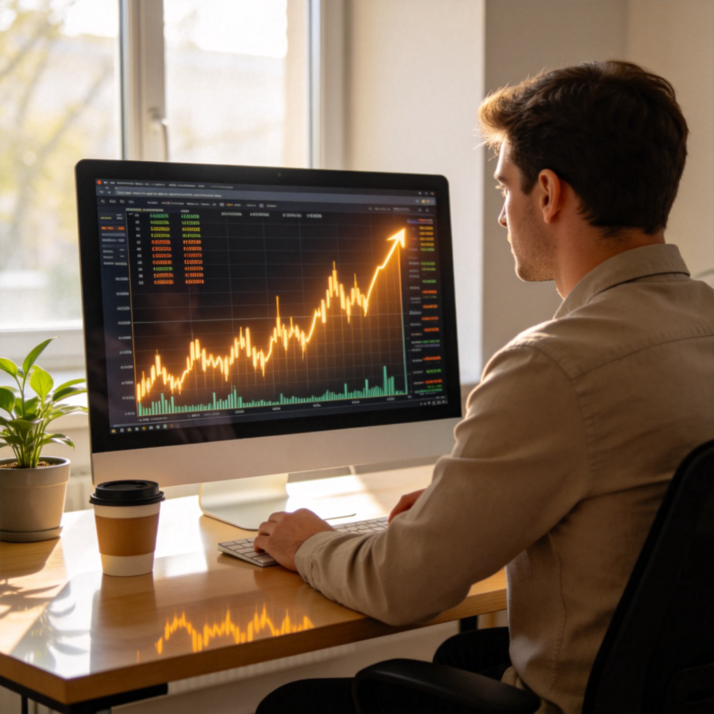 A modern office scene with a businessperson in smart casual wear, looking at a large computer screen displaying a glowing, upward-trending stock price chart for a company named "NOVA TECH". The screen is the main focus, with a coffee cup and a plant on the desk. Natural light from a window. No text on screen except for fictional stock symbols.