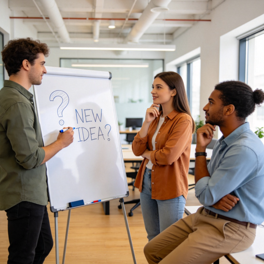 A diverse group of three colleagues having a friendly discussion in a bright, modern meeting room. One person is standing at a whiteboard, writing a question mark and the words "NEW IDEA?" with a marker, while the other two look on thoughtfully. Casual clothing, natural expressions of contemplation. No text on the whiteboard except the described symbols.