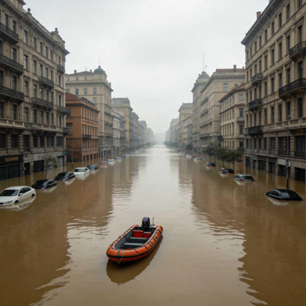 A panoramic view of a city street completely submerged under murky brown water, with only the tops of cars and the ground floors of buildings visible. It's daytime, the sky is overcast. A lone rescue boat is in the foreground. No people, no text.