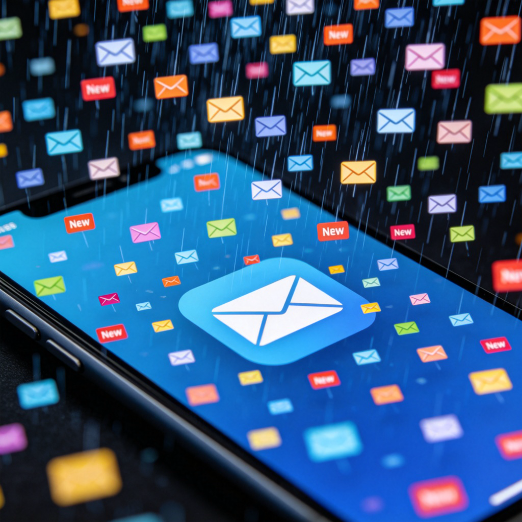 A close-up shot of a smartphone screen showing an email app icon. Hundreds of colorful new email notification icons are falling like rain onto the screen from the top, completely covering the background. Clean, digital aesthetic. No text.