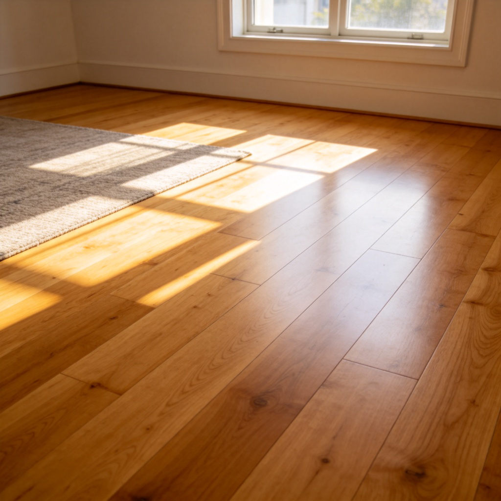 A clean, well-lit living room interior with polished wooden floorboards occupying the majority of the image. Sunlight streams through a window, highlighting the texture of the wood. There is a simple area rug on part of the floor, but the wooden surface is clearly visible and dominant. No people or text in the scene.