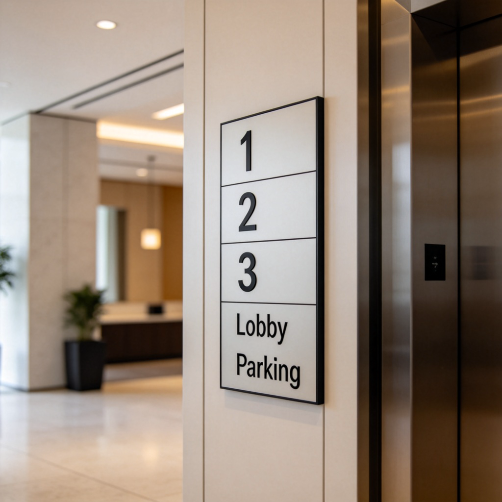 A close-up view of a building's elevator panel or a floor directory sign inside a modern lobby. The numbers or labels for different floors (e.g., '1', '2', '3', 'Lobby', 'Parking') are clearly visible and in focus. The background is simple and uncluttered. No people.