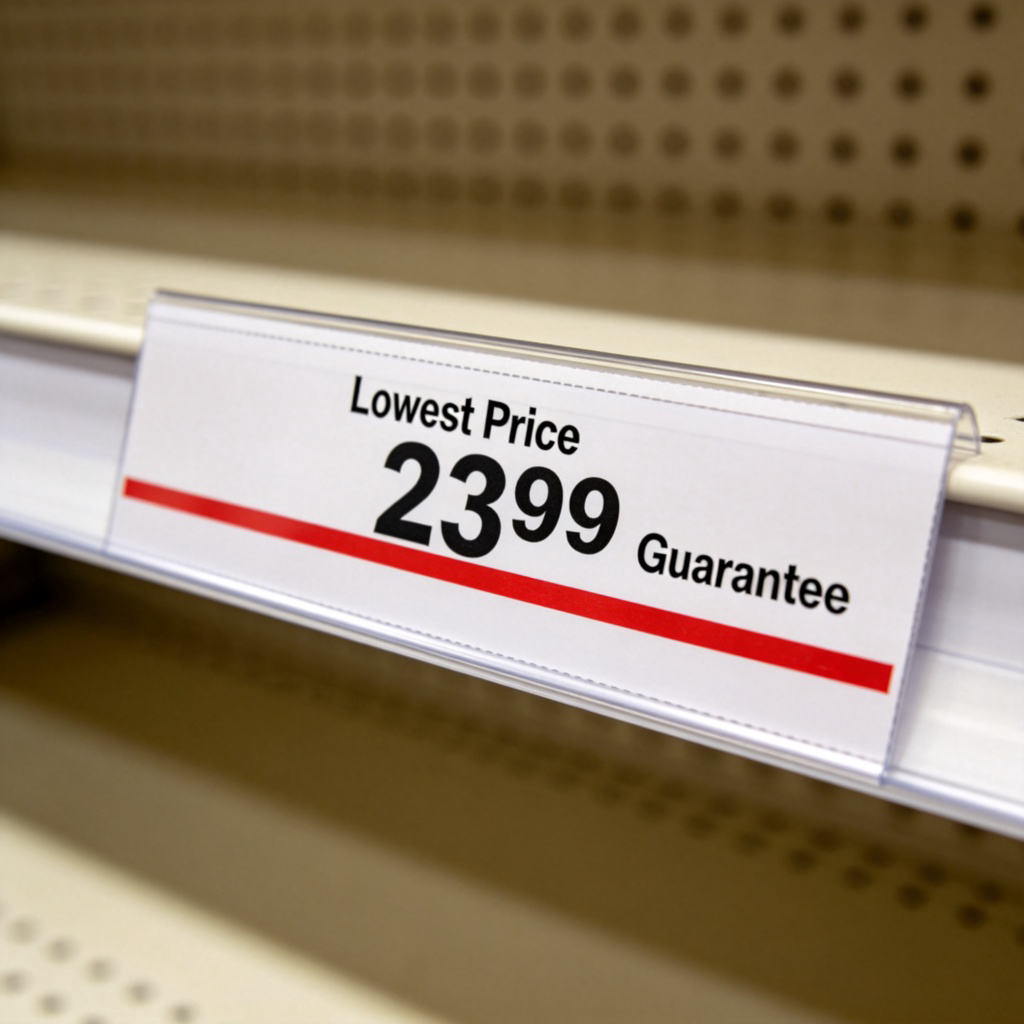A clear photograph of a product price tag or label, with a prominent red line under the final price, and the words 'Minimum Price' or 'Lowest Price Guarantee' written clearly beside it. The focus is on the tag and the highlighted price point, against a simple background like a store shelf. No faces or brand logos.