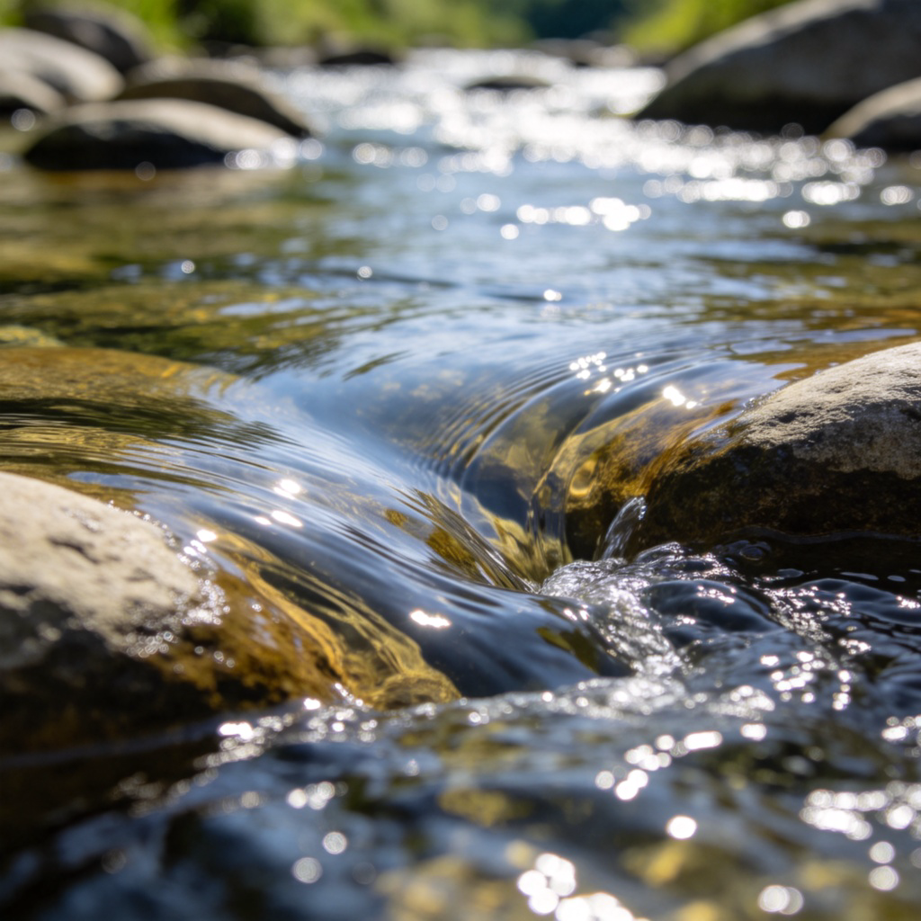 A close-up shot of clear, fresh water flowing smoothly over smooth rocks in a shallow stream. Sunlight glints on the moving water, showing its continuous motion. Natural outdoor setting, sharp focus on the water. No text or logos.