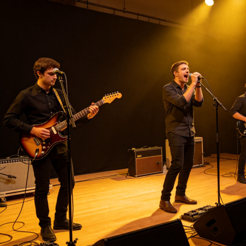 A band playing on a stage during a live concert. The musicians are in sync, with one playing guitar and another singing, showing effortless coordination and smooth performance. Warm stage lighting, dynamic yet harmonious atmosphere. No text.