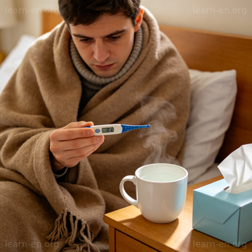 Flu Symptoms 图解：裹着毯子的人查看体温计，床边有水杯和纸巾