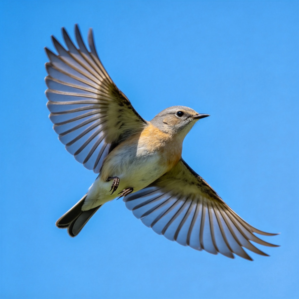 A close-up photo of a small bird with outstretched wings, flying against a clear blue sky. The bird is in sharp focus, showing the details of its feathers and the motion of flight. Simple background, natural sunlight. No text.