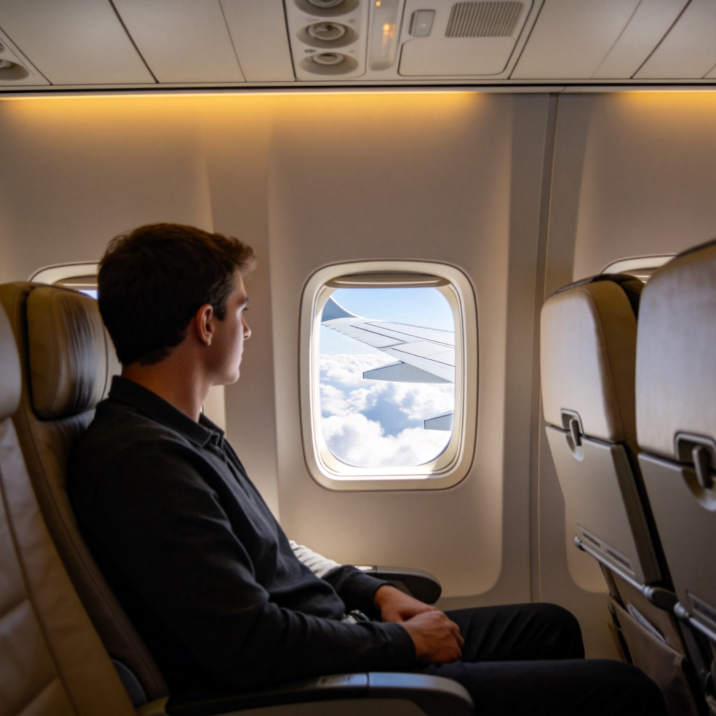 A view from inside a modern airplane cabin. A person is looking out of the window at the clouds and wing of the aircraft. The scene is calm and bright. No airline logos or text visible.