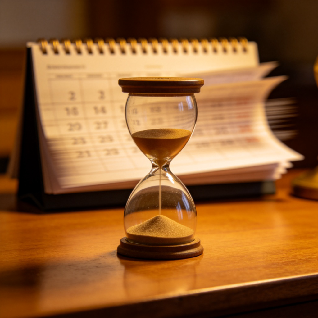 A symbolic image showing the concept of fast time. A classic hourglass on a wooden table, with most of the sand already in the bottom half. In the soft background, a blurred image of a calendar with pages flipping rapidly. Warm, nostalgic lighting. No text.