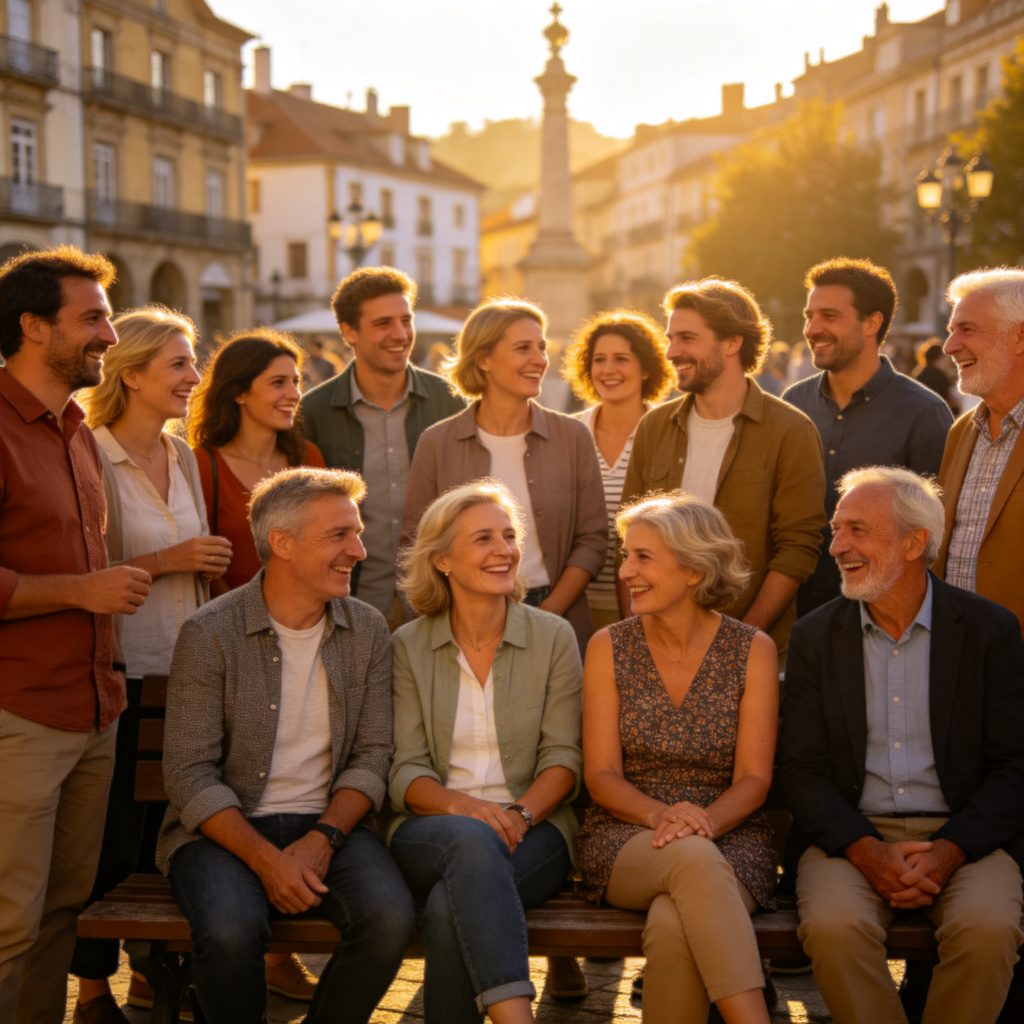 A diverse group of ordinary people from different generations smiling and chatting in a sunny town square. They are dressed casually, some standing, some sitting on benches. The atmosphere is friendly and communal. Clear, realistic style, focus on the group.