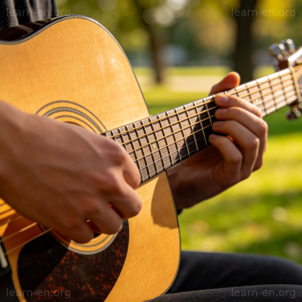 A close-up of a person's hands skillfully playing an acoustic guitar. The focus is on the wooden guitar and the fingers on the strings. The setting is casual, like a cozy room or a park, suggesting a personal and traditional music performance. No text.