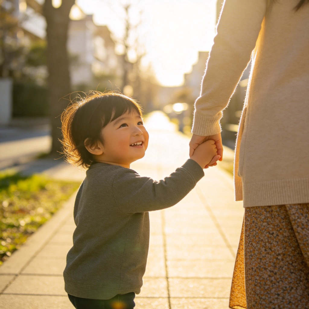 A young child holding their mother's hand, walking directly behind her on a sunny sidewalk. The mother is slightly ahead, looking back with a smile. The focus is on the connection and the act of following. Clean, bright background. No text.