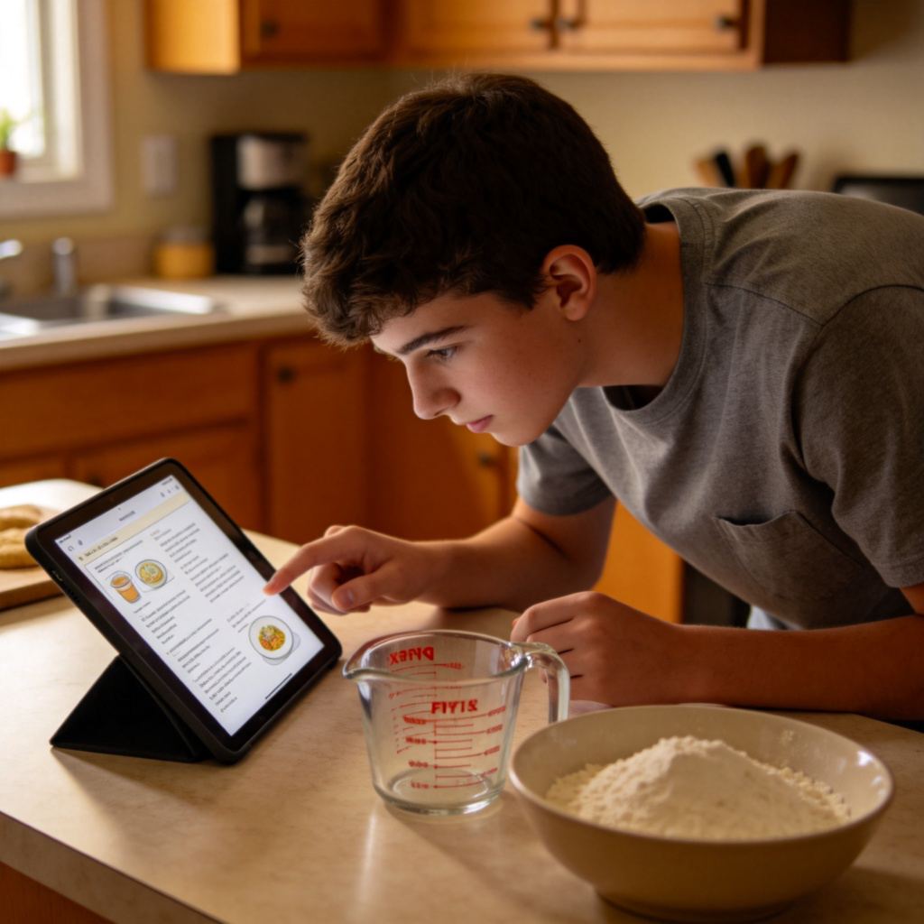 A student in a home kitchen, carefully reading a recipe on a tablet, then looking at a measuring cup and a bowl of flour on the counter. The scene shows the action of checking instructions before proceeding. Warm, realistic lighting. No text.