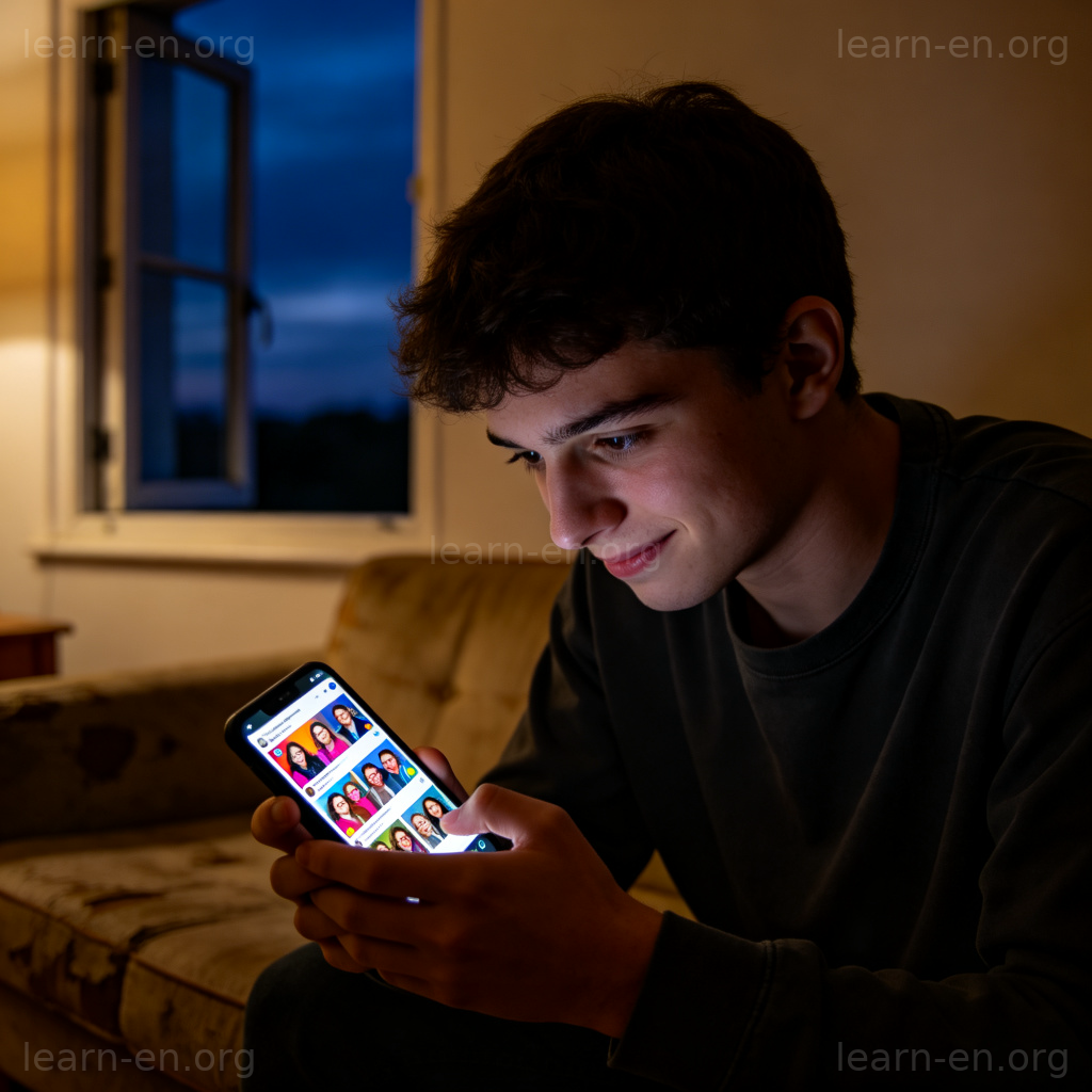 FOMO错失恐惧症图解：一人独坐看手机，面对社交媒体热闹场景感到焦虑